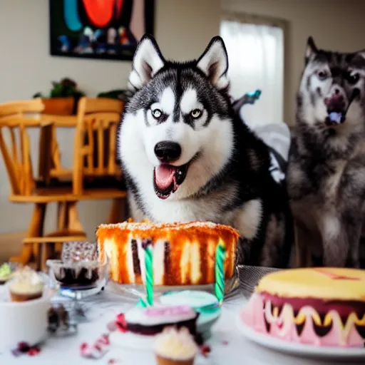 Image similar to a high - quality photo of a husky eating a birthday cake