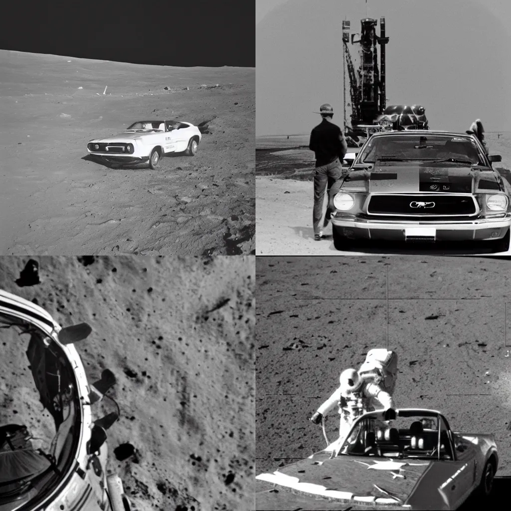 Prompt: moon landing, apollo 1 1, ford mustang in background, grainy footage, close up
