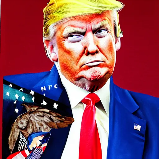 Image similar to NYTimes Official Donald Trump Presidential Portrait (2019) vandalized as someone painted a turd on his shoulder