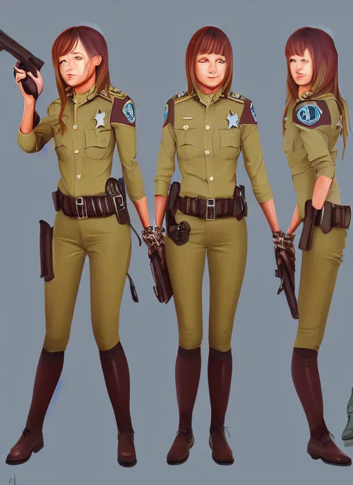 Prompt: full size persona, female sheriff, trending by artstation