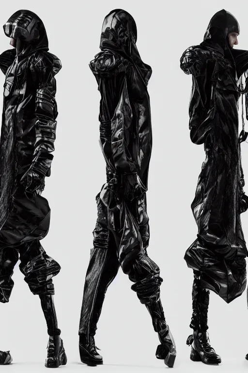 Image similar to avant garde techwear look and clothes, we can see them from feet to head, highly detailed and intricate, luxury, cinematic, rick owens, yohji yamamoto, y 3, outfit photo, hot on r / streetwear, trending on artstation,