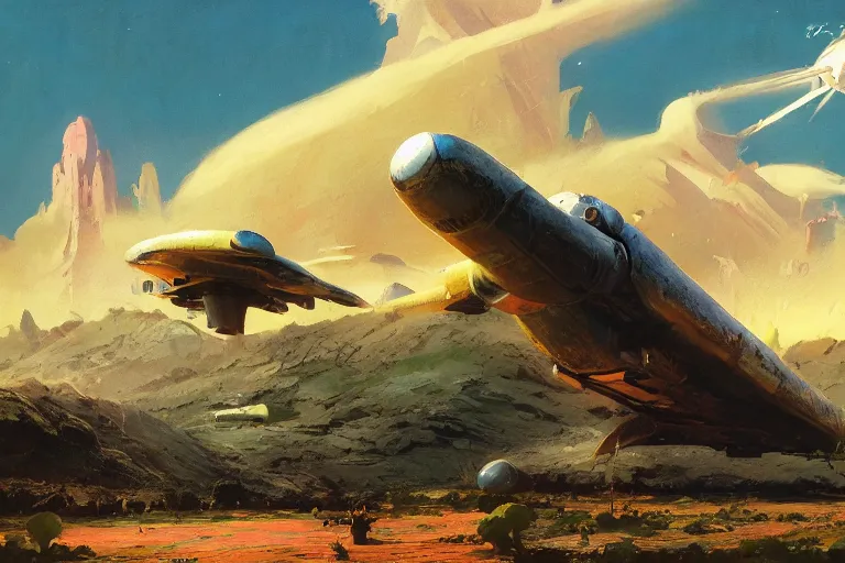 Image similar to 5 0 s pulp scifi illustration, spaceship lands in beautiful landscape, plain stretching into distance, pond, baobab trees, distant mountains, painted by john berkey, bergey, craig mullins, ruan jia, raymond swanland, jeremy mann, beksinski, jack kirby, tom lovell, alex malveda, schomburg