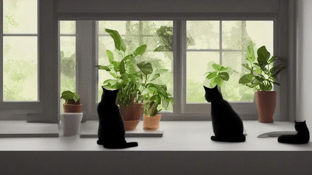 Prompt: peaceful dreamy painting of a black cat and a tabby cat sitting by a window and looking outside, sunshine coming through the window, small plants on the window sill, 8k, hyper realism, trending on artstation, octane render