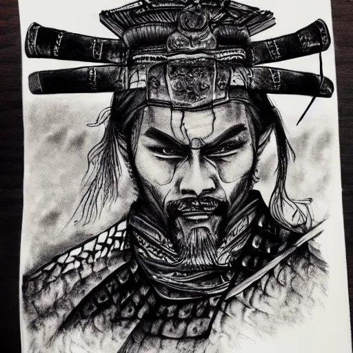 Image similar to intricate, realistic ink drawing of a samurai in a splash of ink, 8 k