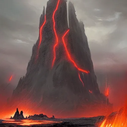 Image similar to star wars concept art by greg rutkowski, a palatial and imposing grey wide tower emerging from the lava in the middle of a lava rocky landscape, enigmatic atmosphere, beautiful and cinematic lighting, artstation hq.