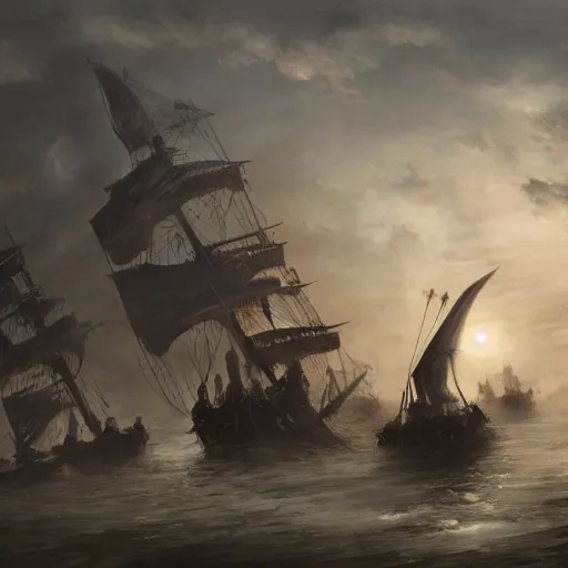 Prompt: knights dismounting off their sailing attackship to invade a moderate sized village, dusk, cinematic, concept art, slight fog, high detail, wide shot, dynamic lighting, sharp focus, high resolution