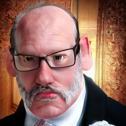 Prompt: photo realistic picture of older fantasy butler that looks similar to michael kane, handsome, 4 k, oil painting filter, balding, well dressed, full body portrait, pet rat on shoulder