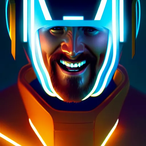 Image similar to tron legacy jesus laughing, diffuse lighting, hyper realistic, concept art, intricate, hyper detailed, smooth, sharp focus, illustration, trending on artstation, art by greg rutkowski and james gurney and alphonse mucha