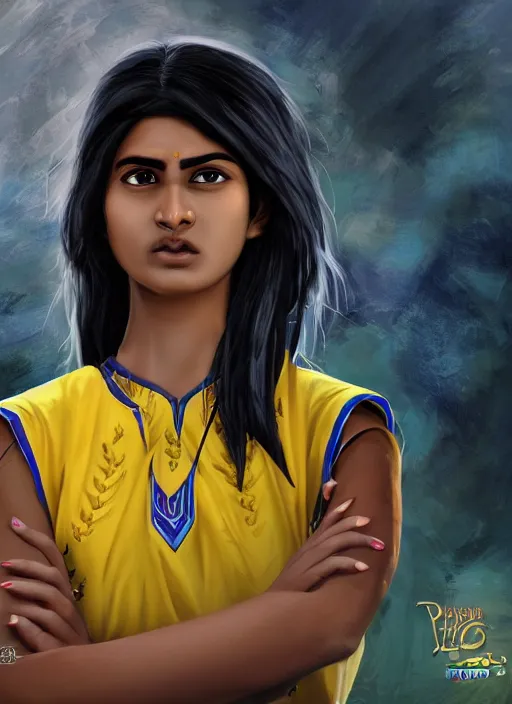 Prompt: An epic fantasy comic book style portrait painting of a young Indian woman named Immodi, very expressive, dark piercing eyes, tomboy, mischievous, smirk, round face, very dark tan skin, futuristic short black hair style, wearing a blue and yellow soccer uniform, arms crossed, unreal 5, DAZ, hyperrealistic, octane render, cosplay, RPG portrait, dynamic lighting