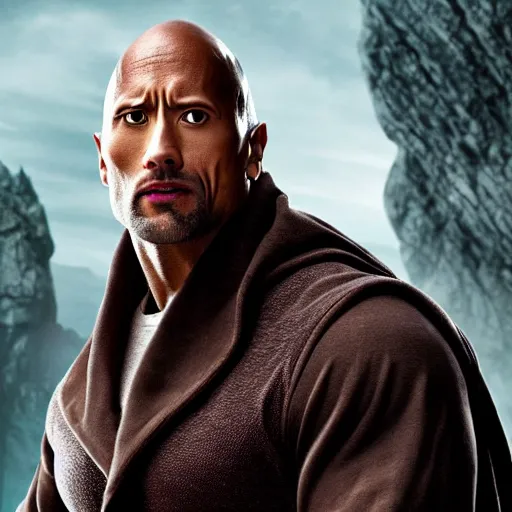 Image similar to dwayne johnson as harry potter character, wearing a wizard robe, full body shot, highly - detailed, sharp focus, award - winning