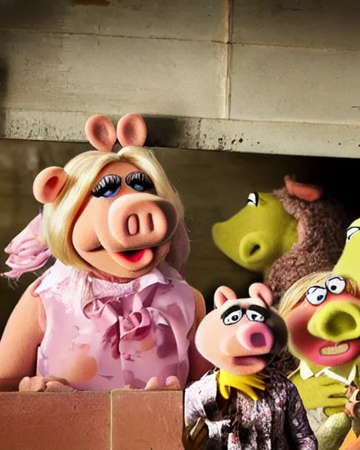 Image similar to Miss Piggy visits a Slaughterhouse, photorealistic, photographed in the style of National Geographic, The Muppets