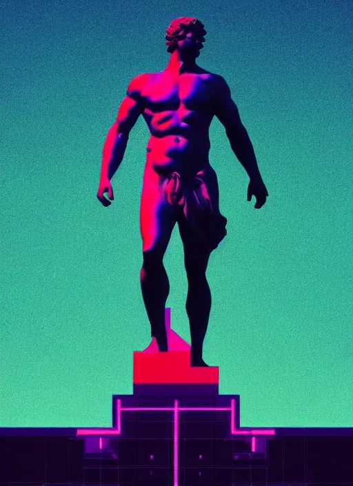 Image similar to statue of hercules, beeple, vaporwave, retrowave, abstract geometric neon shapes, black background, glitch, pixel sorting, strong contrast, pinterest, trending on artstation