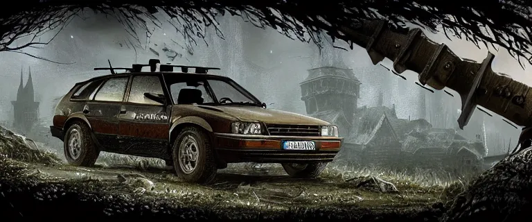 Prompt: Armored and Armed Audi 80 B3 Avant (1988) with a mounted M249 with soldiers on, Dark Souls 3, Eldritch Horrors, Wretched and Corrupted Knights, Heavy Battle, Fight, Car vs Knight, gunshots fired, a grim fantasy, Anor Londo, dramatic lighting, cinematic, establishing shot, extremely high detail, photorealistic, cinematic lighting, artstation, by simon stalenhag