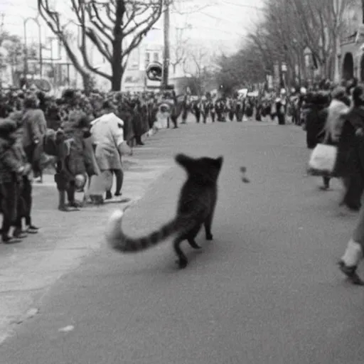 Prompt: old photo of a giant cat chasing people