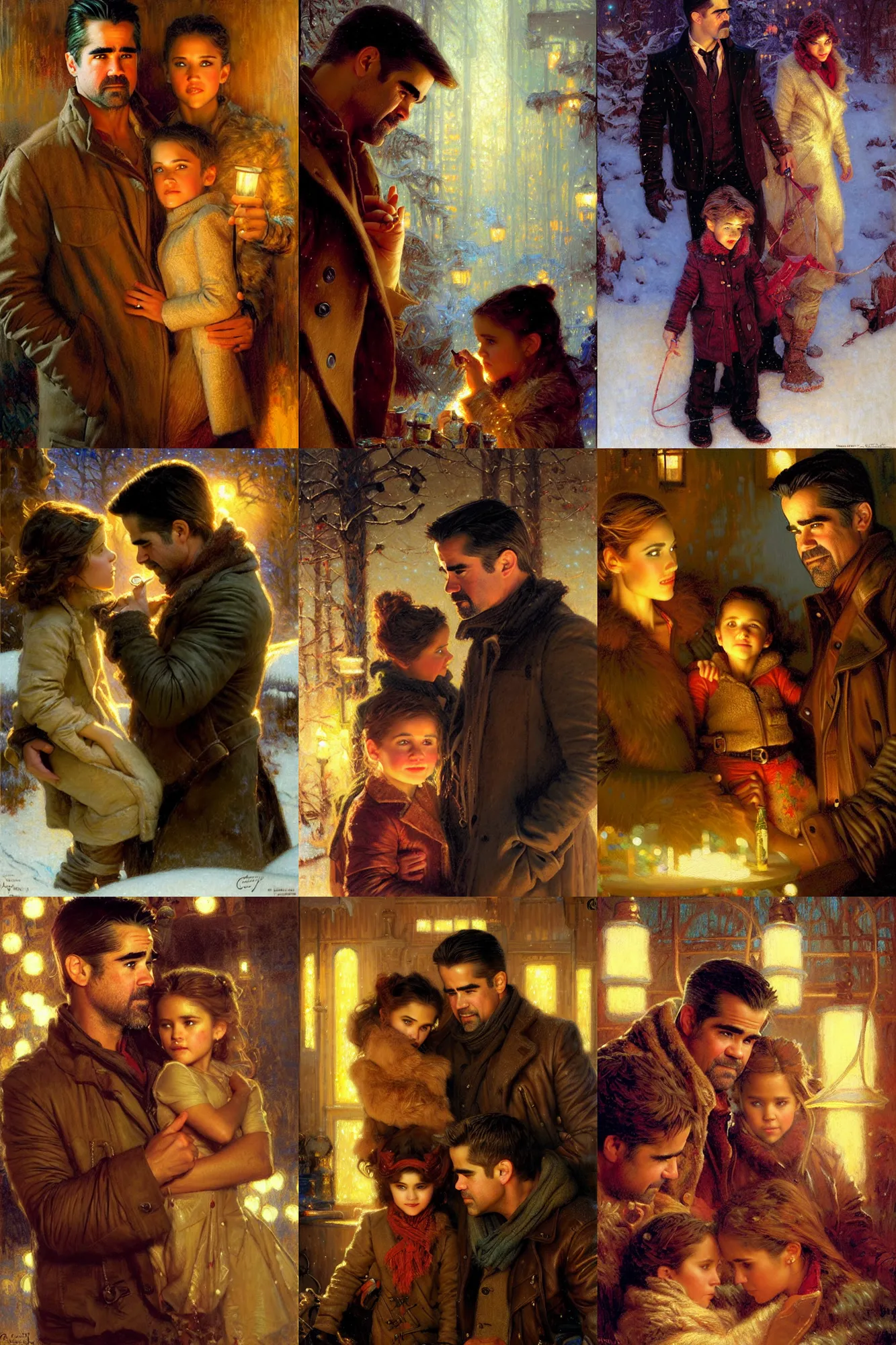 Image similar to winter, family, colin farrell with jessica alba, with a kid, neon light, detailed faces, painting by gaston bussiere, craig mullins, j. c. leyendecker