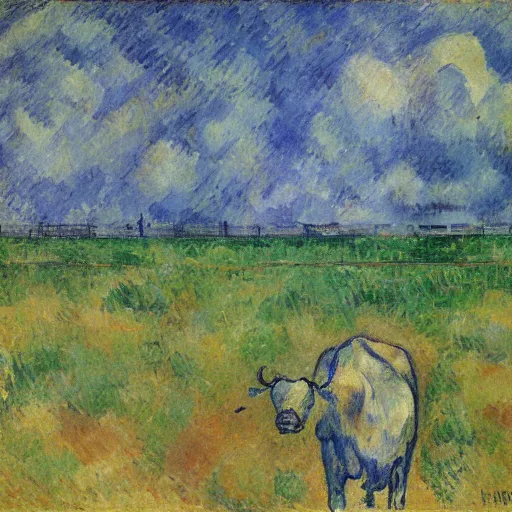 Prompt: a cow is running on the cloud, post - impressionism, cezanne, gaugin, van gogh, seurat, bottom view ， - h 1 0 2 4