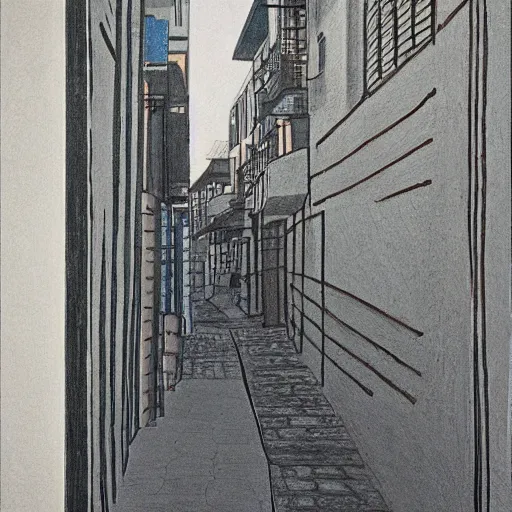 Prompt: a narrow alley in golden gai as depicted by lee ufan and hilma af klint and sketched by osamu tezuka