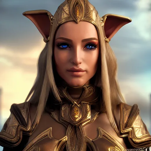 Image similar to portrait of a beautiful female high elf with tan skin, 3 d octane render trending on art station 8 k