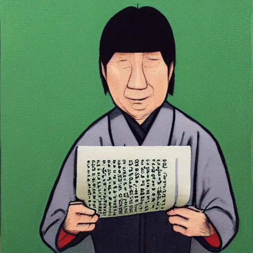 Image similar to painting of a japanese balding man with gray hair, holding a newspaper and looking up at his room with green hue