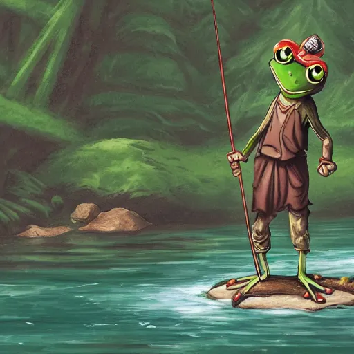 Prompt: concept art of frog people fishing in a river,