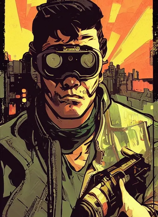 Image similar to hector. cyberpunk mercenary with scenic background. portrait illustration, pop art, art by ashley wood, alphonse mucha, laurie greasley and josan gonzalez. cinematic. beautiful lighting.