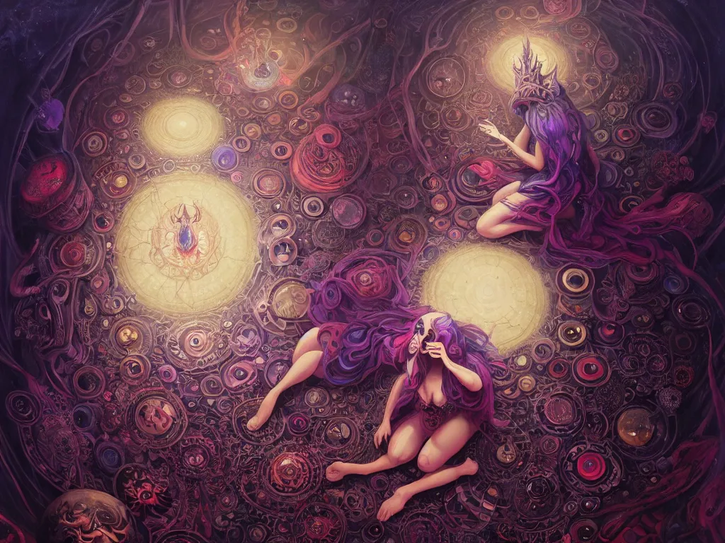 Image similar to high angle picture of a maximalist dress witch sitting on the floor and researching about the azathoth, extremely beautiful and aesthetic and detailed cute face and eyes, very huge magic circles on hand, with familiar sprites, in the magic room, chiaroscuro, intricate, masterpiece, fantasy illustrations by anato finnstark and jeremy lipking and peter mohrbacher