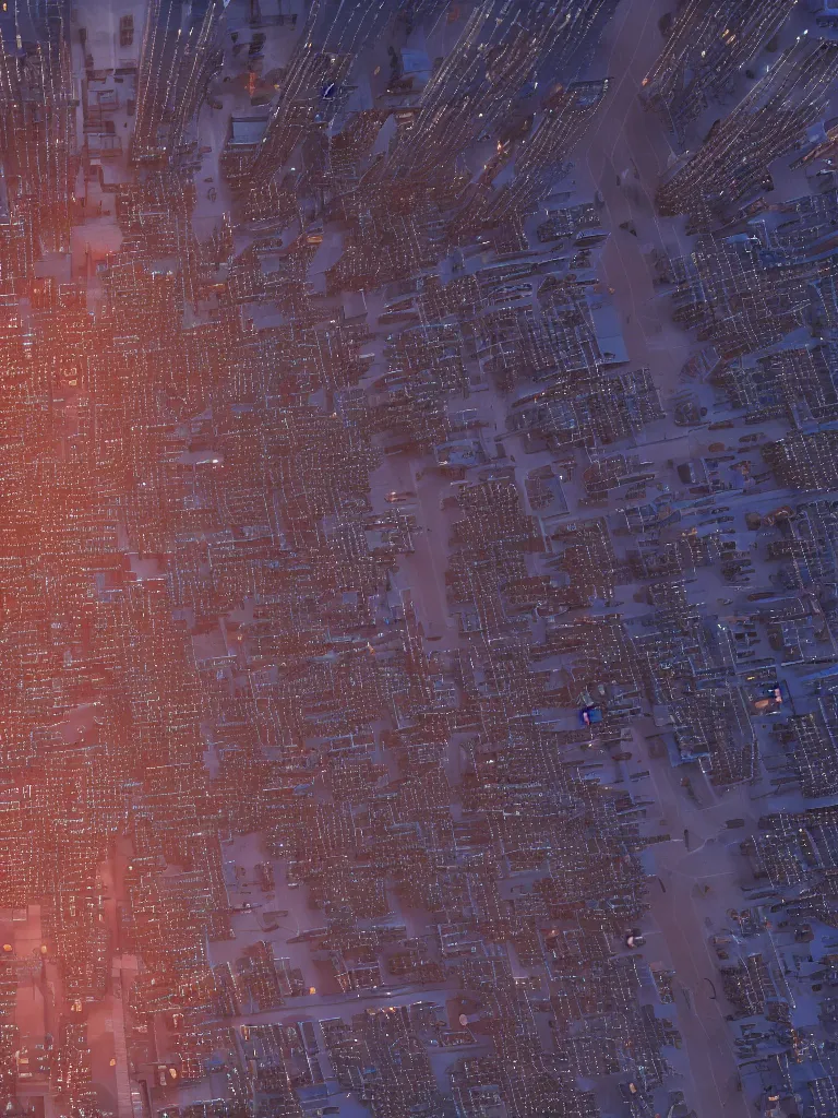 Prompt: An aerial view of a city landscape of hundreds of nixie tubes on a grid layout street system with streetlights at sunset, 3D Rendered, fresnel effect, subsurface scattering, Unreal Engine