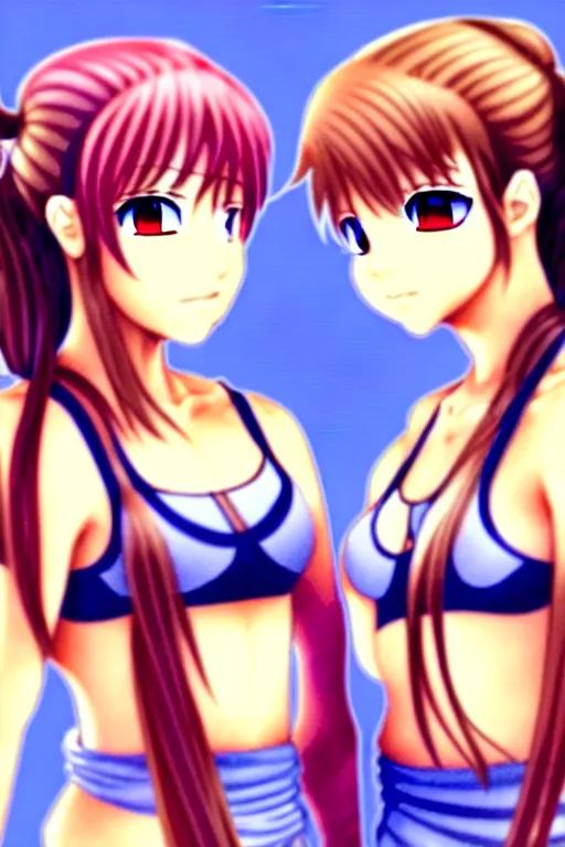 Image similar to two beautiful female fighters with pigtails facing each other, detailed anime art