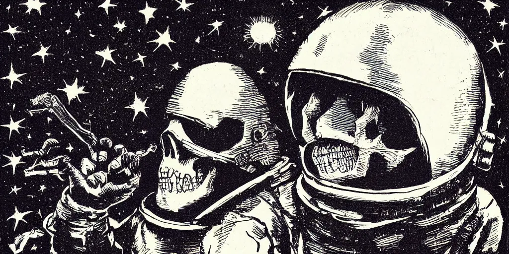 Image similar to etch portrait of a skull wearing a space helmet, in the style of goya etchings, scifi, big clouds visible in the background, stars in the sky, high contrast, deep black tones