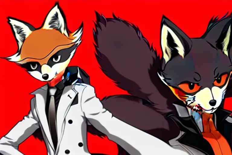 Image similar to a furry tan male fox on a persona 5 : royal ( by atlus ) video game splash screen, a furry male sandcolored tan fox fursona ( has hair ), persona 5 phantom thief style