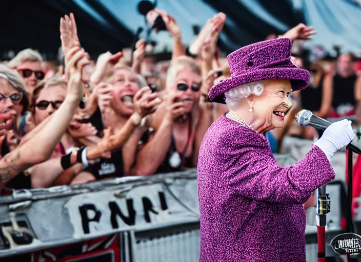 Image similar to photo still of queen elizabeth at vans warped tour!!!!!!!! at age 7 0 years old 7 0 years of age!!!!!!! throwing down in the mosh pit, 8 k, 8 5 mm f 1. 8, studio lighting, rim light, right side key light