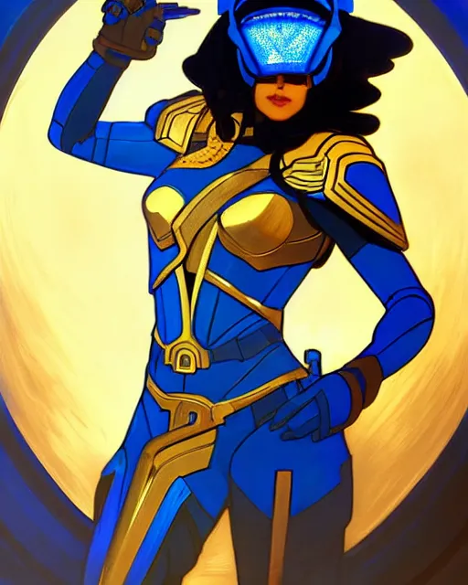 Prompt: a pharah made of blue crystal with a golden mask and helmet hovers ominously in the air inside a high - tech tomb, comic cover painting, masterpiece artstation. 8 k, sharp high quality artwork in style of wayne reynolds, alphonse mucha, arthur adams, greg rutkowski, and don bluth, concept art by jack kirby