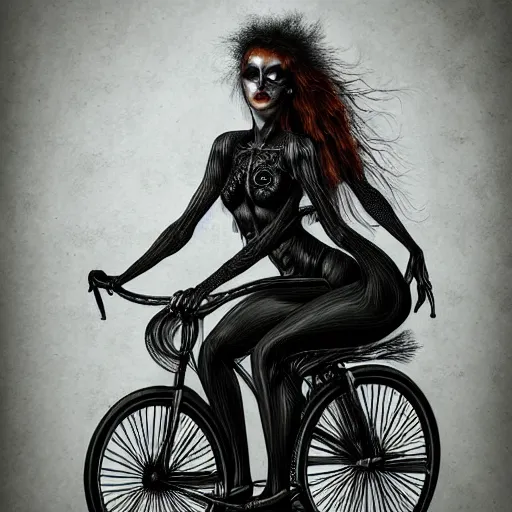 Prompt: portrait of woman riding a man like a bicycle, dark, piercing eyes, exotic expression, esoteric clothing, photorealistic, highly detailed,