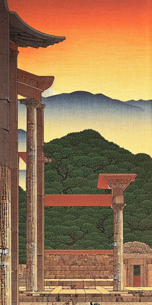 Prompt: a beautiful ancient greek bathhouse at sunset by hasui kawase