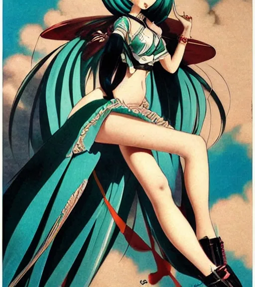 Prompt: Anime art very beautiful Hatsune miku by Gil Elvgren, Earl Moran, Enoch Bolles, symmetrical shoulders, revealing outfit