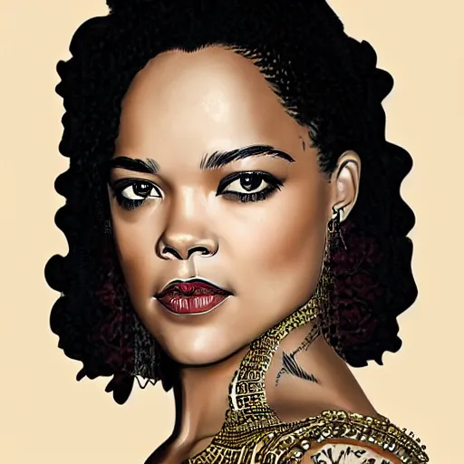 Image similar to A portrait of Tessa Thompson with exotic, intricate face tattoos , beautiful!!! digital art