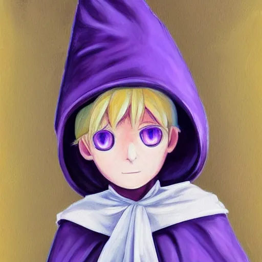 Image similar to little boy wearing nun outfit, blonde hair, blue eyes. purple and black color palate, detailed soft painting, made in abyss art style, anatomically correct