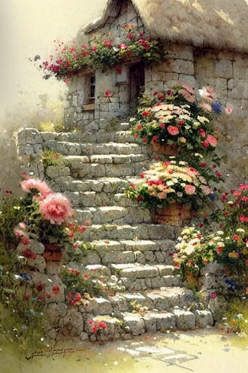 Prompt: ( ( ( ( ( 1 9 5 0 s retro future cottage stone steps and flowers. muted colors. childrens layout, ) ) ) ) ) by jean - baptiste monge,!!!!!!!!!!!!!!!!!!!!!!!!!