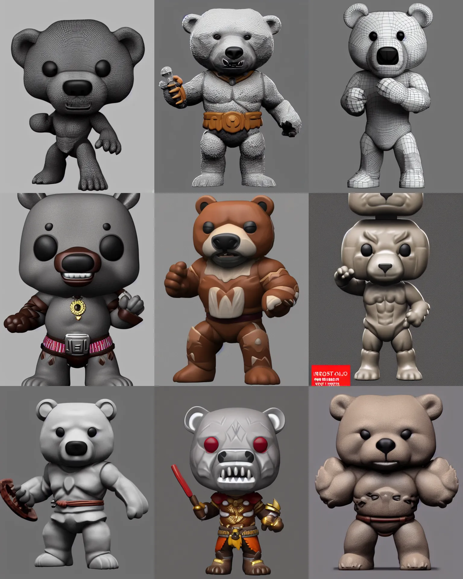 Prompt: full body 3 d render of warrior bear as a funko pop!, studio lighting, grey background, no shadow, blender, trending on artstation, 8 k, highly detailed