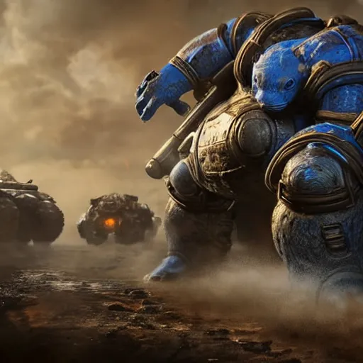 Image similar to a 'Blastoise Tank' in 'Gears of War', splash art, movie still, cinematic lighting, detailed face, dramatic, octane render, long lens, shallow depth of field, bokeh, anamorphic lens flare, 8k, hyper detailed, 35mm film grain