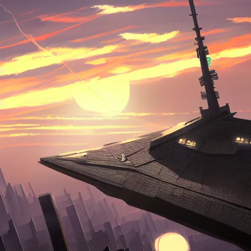 Prompt: a Star Destroyer flying over New York City. Anime, in the style of Mokoto Shinkai. Trending on ArtStation.