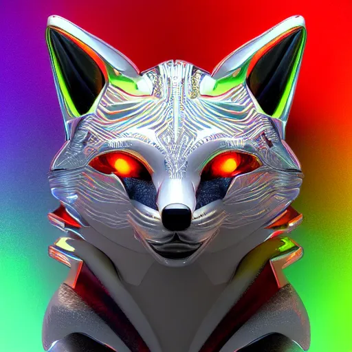 Image similar to chrome fox, glossy, metallic, neon, symmetrical, tribal patterns, realistic, unreal engine, octane, redshift, artstation, behance