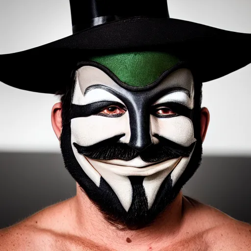 Image similar to australian man in the style of guy fawkes mask, professional cosplay, cinematic, key light, 4 k, 8 k, photorealistic, ultra realistic, hyperrealistic, funny