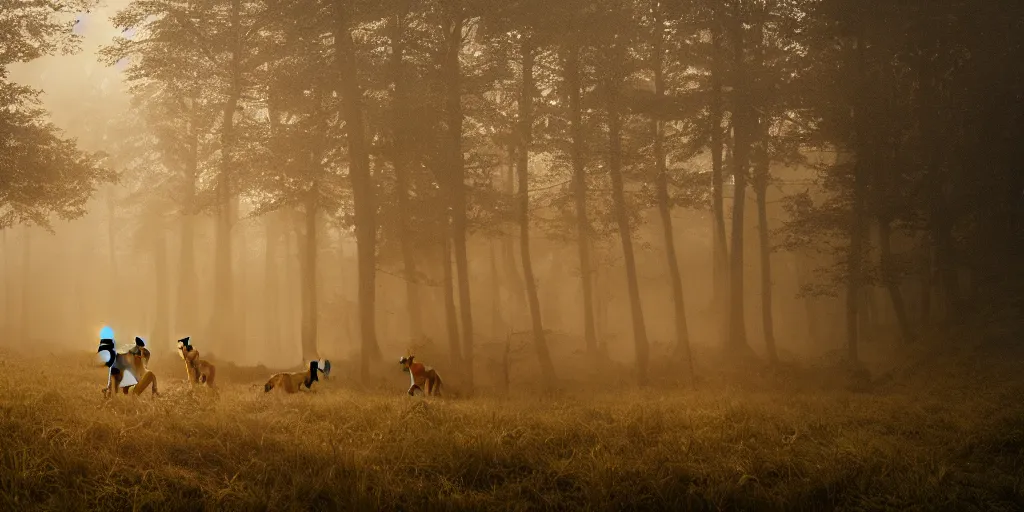 Image similar to family of foxes nearIdyllic pond, meadow, forest trail, blanket of fog, rain, volumetric lighting, beautiful, golden hour, sharp focus, ultra detailed, cgsociety