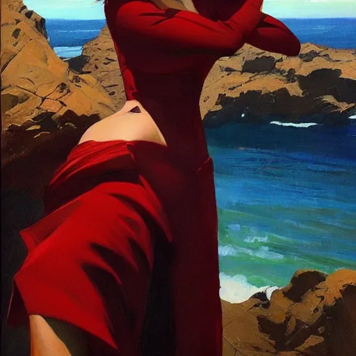 Prompt: an attractive female in a red suit standing on a cliff, looking out at a red ocean, jc leyendecker!! phil hale!, angular, brush strokes, painterly, vintage, crisp