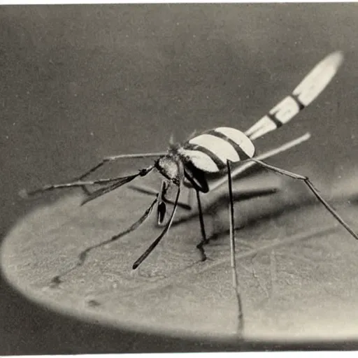 Prompt: old photograph of a fat mosquito