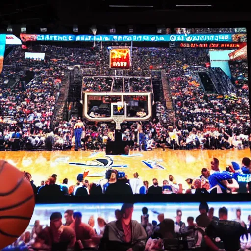 Image similar to everyone in the world watching basketball on a large video screen, 4 k