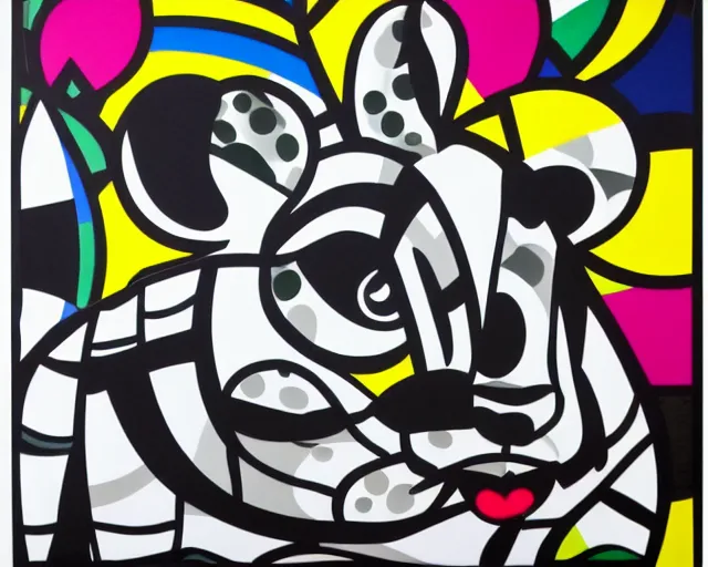 Prompt: a small black and white rabbit, fine art by romero britto