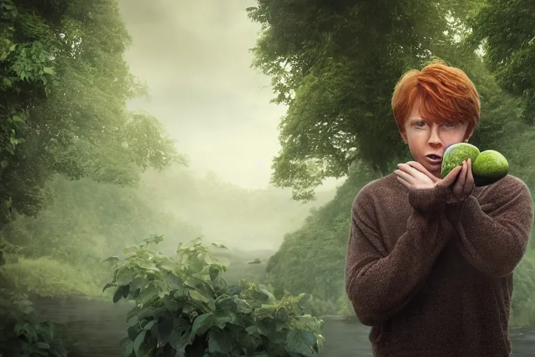 Image similar to an ultra realistic, cinematic, headshot portrait, of ron weasley kissing an avocado, fantasy, avocado, facial features, background of a vast serene landscape, with trees and rivers, detailed, deep focus, movie still, dramatic lighting, ray tracing, by michal karcz and yoshitaka amano