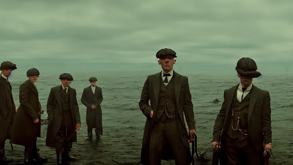 Image similar to the peaky blinders crew with shrimp heads coming out of the ocean film still from the movie directed by denis villeneuve with art direction by zdzis